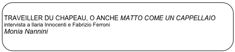 
TRAVEILLER DU CHAPEAU, O ANCHE MATTO COME UN CAPPELLAIO
intervista a Ilaria Innocenti e Fabrizio Ferroni
Monia Nannini

